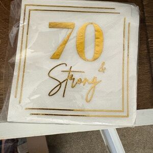 Gold and White '70 & Strong' cocktail Napkins